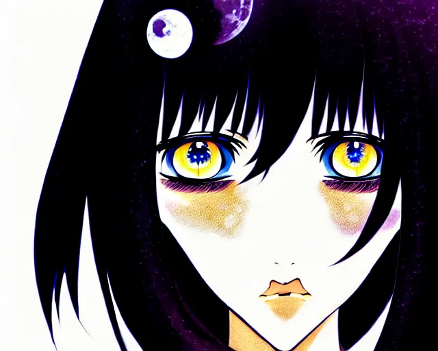 Prompt: portrait of hopeful moon goddess, hazel eyes, jet black hair, beautiful, symmetrical, anime, concept art