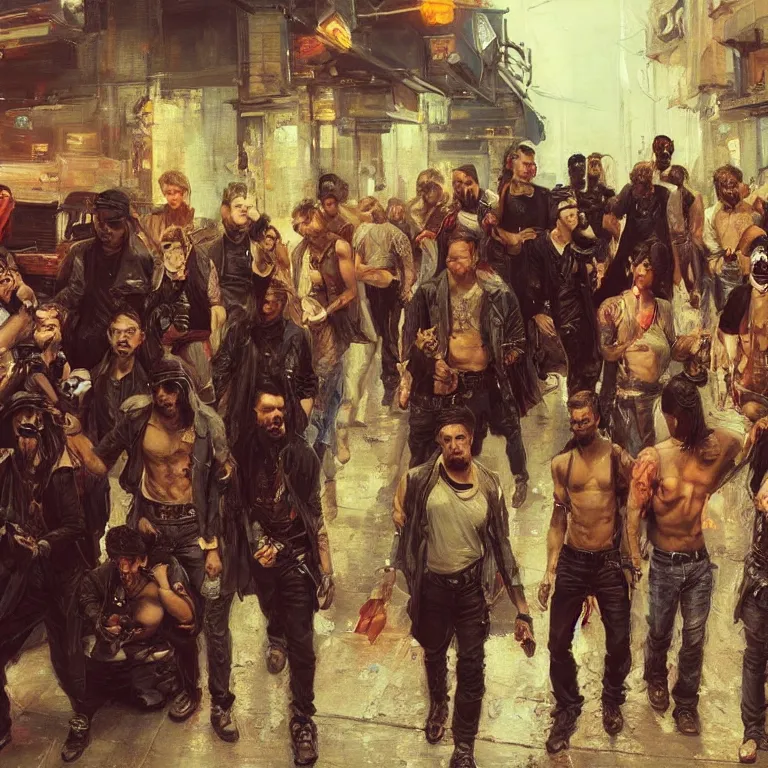 Prompt: hyperrealistic and beautiful painting of a rebellious gang outside of a gritty club, cyberpunk style, 8 k resolution, by ilya repin and george luks, polished, fine detail, intricate, concept art, artstation