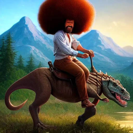 Image similar to bob ross!!! riding!!! a dinosaur!!, giant afro!, model pose, ultra realistic, concept art, intricate details, highly detailed, photorealistic, octane render, 8 k, unreal engine. art by artgerm and greg rutkowski and alphonse mucha