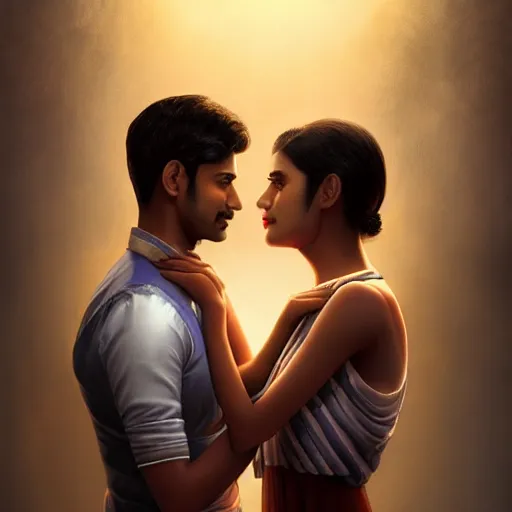 Prompt: theatrical press release ; indian young male and female couple sharing one heart ; stunning digital artwork by artgerm ; cinematic movie pose ; photorealistic, hyperrealistic, dramatic soft rim light ; highly detailed ; face by wlop ; trending on artstation ; cinematography from music video ; symmetrical, high coherence