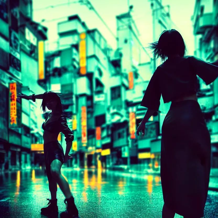 Image similar to a photo close up cyberpunk woman dancing in the rain, cyberpunk hiroshima, prefecture streets, sunset, photorealistic, cinematic lighting, highly detailed, bokeh, style by tomino - sama