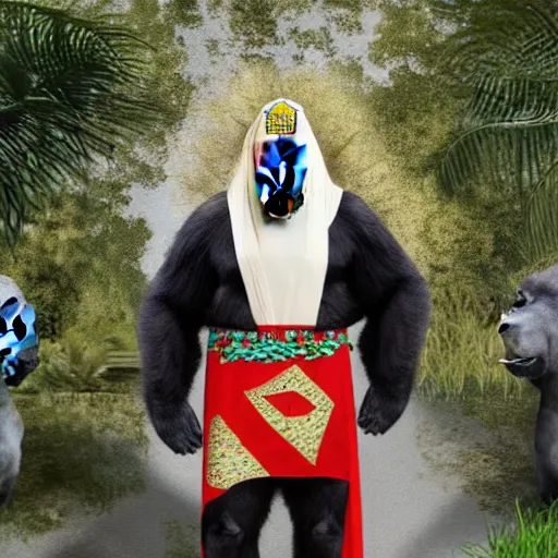 Image similar to harambe dressed as an high priest