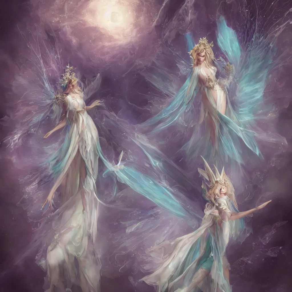 Prompt: a fairy queen with wings wearing a magic silk and lace robe with a hood, realism, emerald, galaxy, sapphire, blonde hair going down to the floor, moonlit, dark fantasy, pale blue, dramatic lighting, cgsociety, artstation