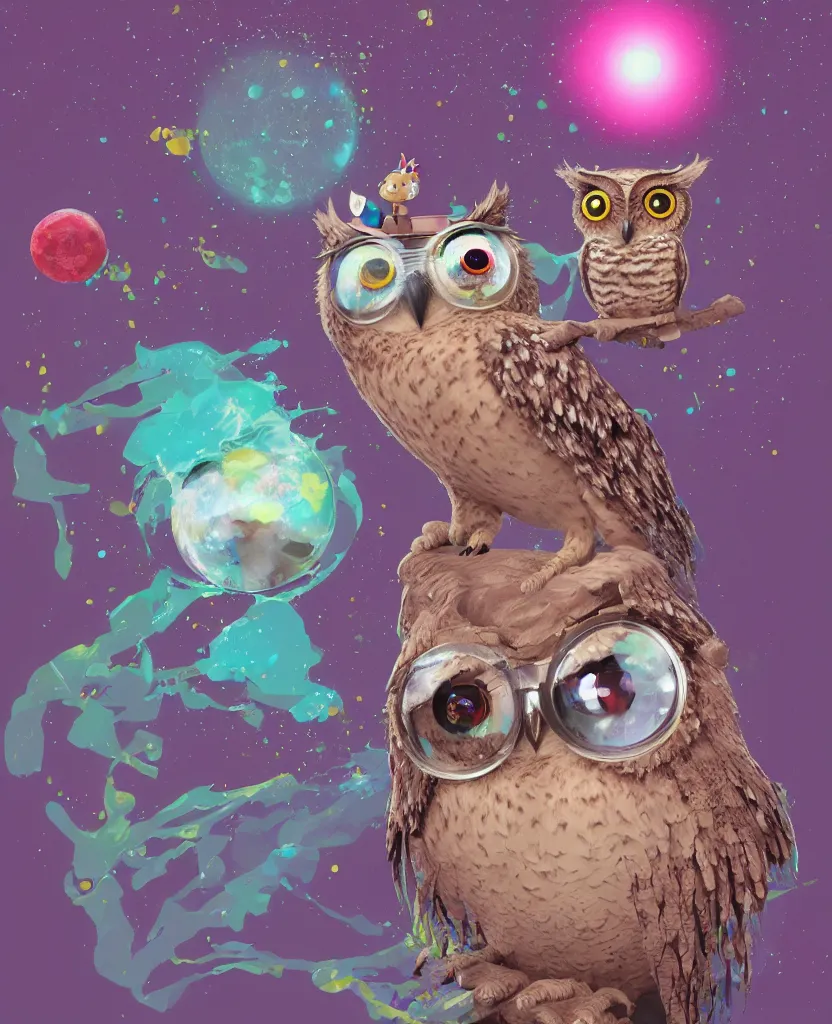 Image similar to a dreamy otherworldly 3 d render of wise owl with one eye, pixiv fanbox, dramatic lighting, maximalist pastel color palette, splatter paint, pixar and disney exploded - view drawing, graphic novel by fiona staples and dustin nguyen, peter elson, alan bean, wangechi mutu, clean cel shaded vector art, trending on artstation