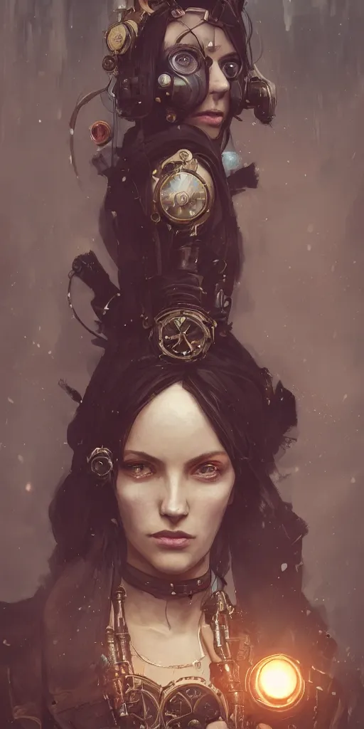 Prompt: A beuatiful portrait of a women in the steampunk style by Greg Rutkowski, Sung Choi, Mitchell Mohrhauser, Maciej Kuciara, Johnson Ting, Maxim Verehin, Peter Konig, Bloodborne, 8k photorealistic, cinematic lighting, HD, high details, dramatic, dark atmosphere, trending on artstation