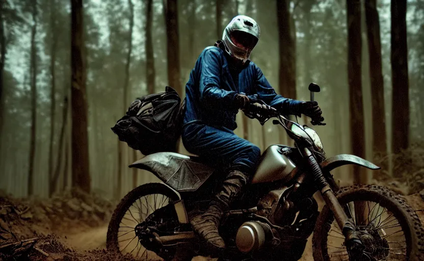 Image similar to cinestill 5 0 d candid photographic portrait by steve mccurry of joe biden wearing rugged black mesh techwear riding on a dirtbike through a deep forest, extreme closeup, modern cyberpunk moody emotional cinematic, snow storm, 8 k, hd, high resolution, 3 5 mm, f / 3 2, ultra realistic faces, ex machina