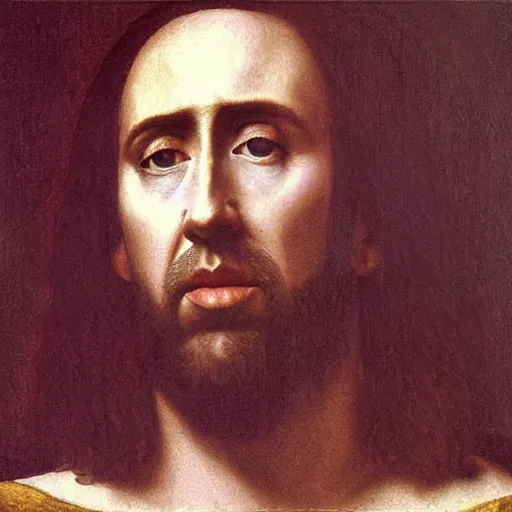 Image similar to nic cage in the last supper as painted by da vinci