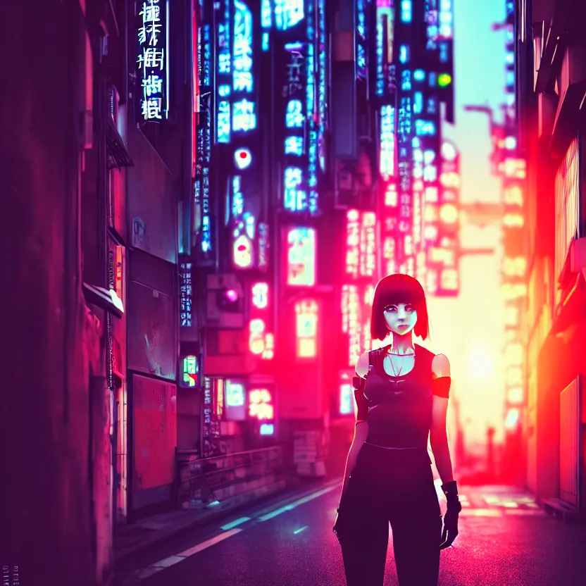 Image similar to a photo close up cyberpunk cyborg girl stands in a cyberpunk hiroshima, prefecture streets, sunset, photorealistic, cinematic lighting, very detailed, style by tomino - sama