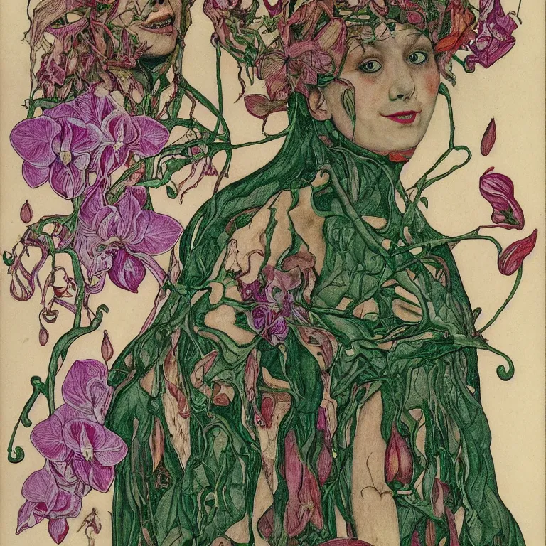 Prompt: a grinning girl with her skin tattood with plant patterns, her face looks like an orchid, she is the center of the garden, jan van eyck, ernst fuchs, egon schiele, trending on artstation, 8 k, award winning