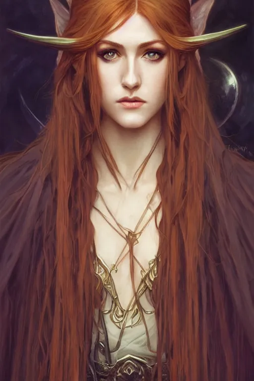 Image similar to portrait of katherine mcnamara elven mage, dark, piercing eyes, gentle expression, elegant clothing, photorealistic, highly detailed, artstation, smooth, sharp focus, art by michael whelan, artgerm, greg rutkowski and alphonse mucha