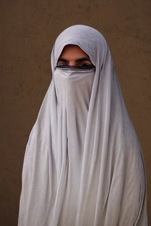 Image similar to hyperrealistic portrait from middle eastern burqa woman riding horse, super highly detail, accurate boroque, without duplication content, white border frame, medium close up shot, justify content center, symmetrical, incrinate, cinematic, dust.