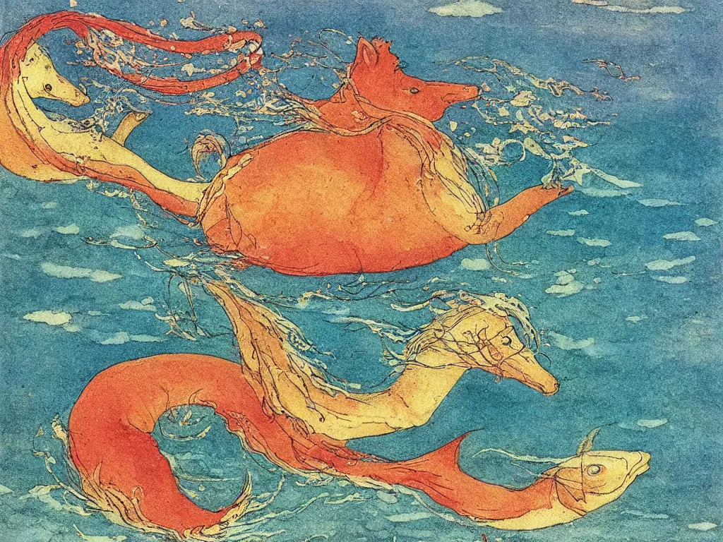 Image similar to an extremely colorful depiction of a hippocampus in the sea, from a book of fairy tales illustrated by edmund dulac