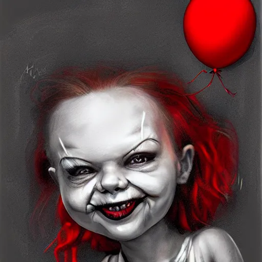 Image similar to surrealism grunge cartoon portrait sketch of little girl with a wide smile and a red balloon by - michael karcz, loony toons style, pennywise style, horror theme, detailed, elegant, intricate