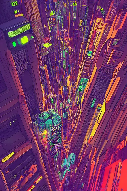 Image similar to astronaut cyberpunk surreal upside down city, neon lights, cell shaded by moebius, Jean Giraud, trending on artstation