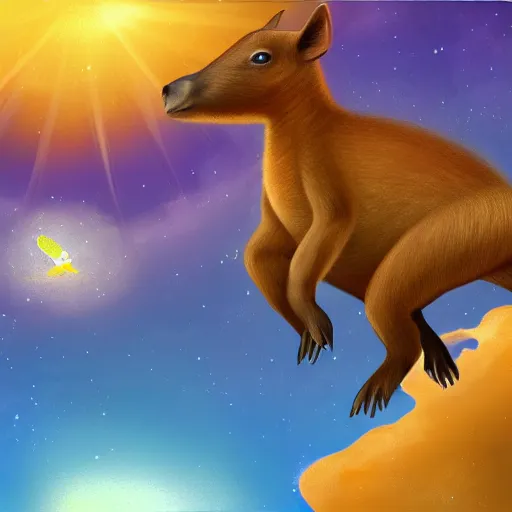 Prompt: digital painting of a boy riding a magical flying capybara in space