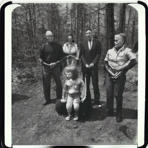 Image similar to polaroid photograph of horrorific extraterrestrial beings visiting earth, 1 9 5 0