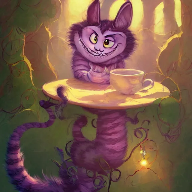 Image similar to cheshire cat drinking tea, by cory loftis, character art, very coherent, exquisite lighting, whimsical background, lighthearted, soft painting, masterpiece