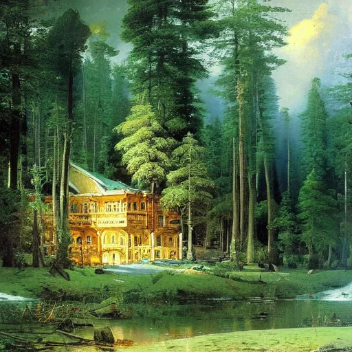 Prompt: masterpiece oil painting of a fantasy hotel in a beautiful forest by ivan shishkin and aivazovsky, highly detailed