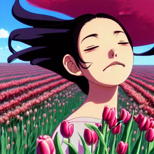 Prompt: beautiful dark skin mexican woman, dancing in a field of tulips and baby's breath, septum piercing and nose ring, prominent cheek bones, black hair and brown eyes, studio ghibli art style, art by hayao miyazaki, makoto shinkai