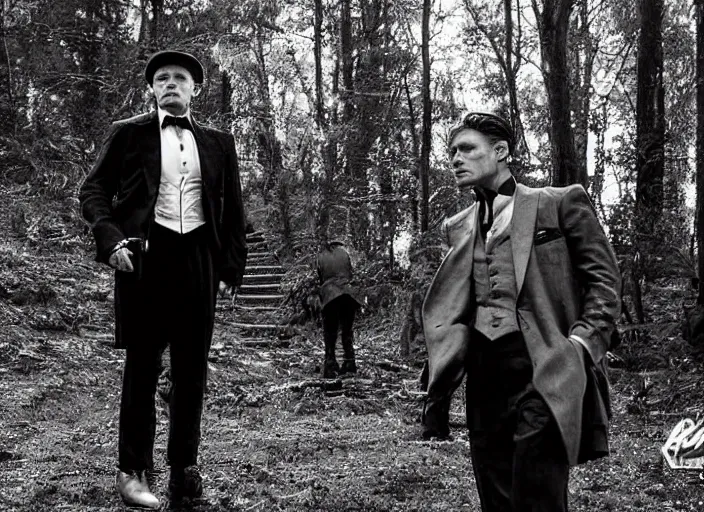 Prompt: an dramatic scene from the movie scarface, medium long shot, costumes from peaky blinders, filmed in the dark woods, a cabin in the background, jensen ackles and brad pit sharp eyes, serious expressions, detailed and symmetric faces, black and white, cinematic, epic,
