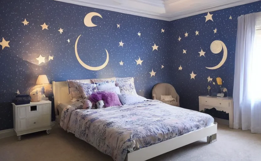 Prompt: a bedroom made of dreams and crescent moons and stars