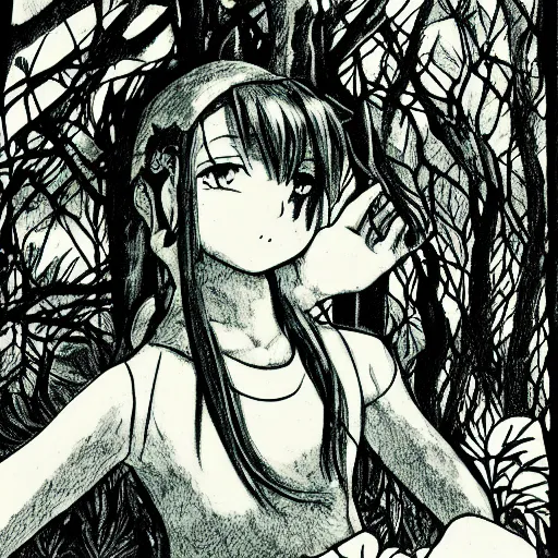 Prompt: anime girl lost in the forest in the style of cyanotype