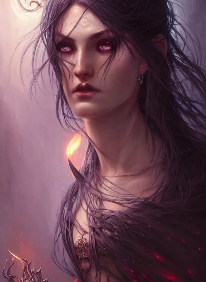 Image similar to Necromancer Sorceress face in center, fantasy magic, undercut hairstyle, dark light night, intricate, elegant, sharp focus, illustration, highly detailed, digital painting, concept art, matte, art by WLOP and Artgerm and Greg Rutkowski and Alphonse Mucha, masterpiece