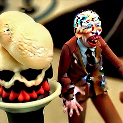 Image similar to claymation joe biden insatiable hunger for ice cream by jan svankmajer, hyperrealistic, very detailed, tim burton, 3 5 mm film still, gothic, horror, eldritch