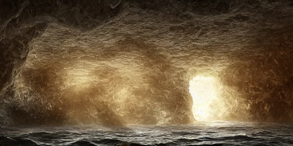 Image similar to natural cave with ancient roman mosaic of rough sea with huge waves, stylised, symmetrical, minimal, octane, dynamic light