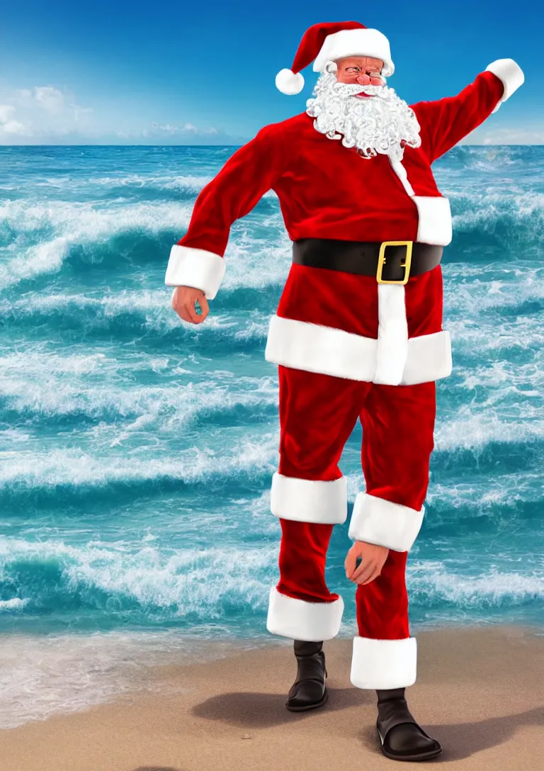 Image similar to portrait of santa claus wearing shorts surfing on the beach, 3d rendering of photo realistic image, super detailed, 4K,cinematic look