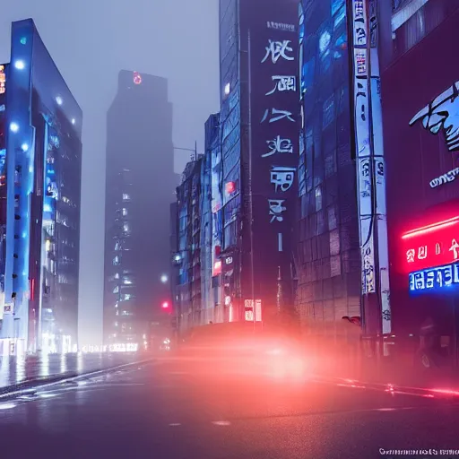 Image similar to tesla in tokyo at a foggy and rainy night, realistic 4 k