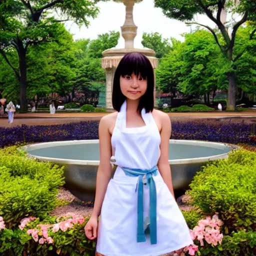 Prompt: a full body portrait of a young woman wearing a white apron standing in front of a fountain in a park, makoto shinkai, very detailed, by William-Adolphe