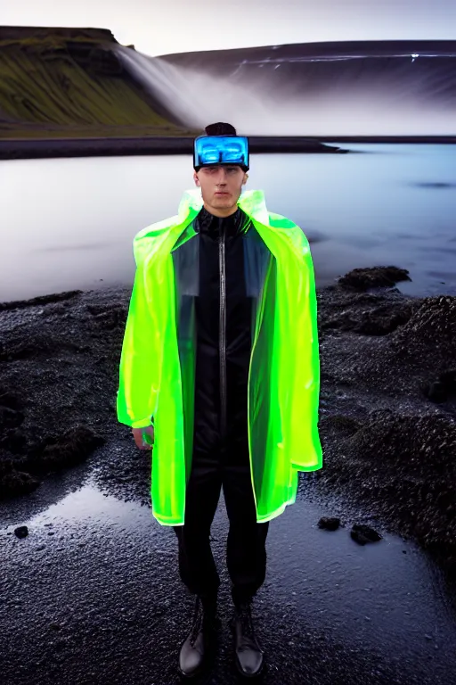 Image similar to an ultra high definition professional high fashion portrait studio full length photograph of a male model wearing a transparent pearlescent raincoat and neon visor in an icelandic black rock environment at dawn. no artefacts. extremely detailed. stark. refraction. shallow depth of field. volumetric light and shadow. ray tracing. light rays.