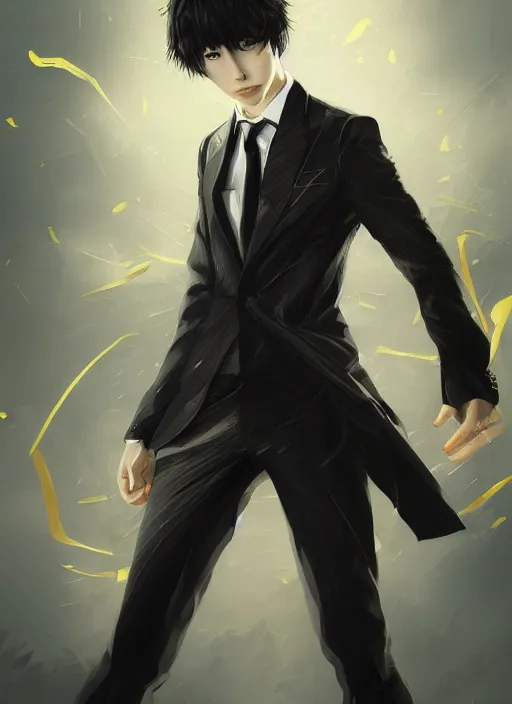 Prompt: a highly detailed illustration of kento yamazaki as pale skin hero wearing black suit and tie with coattails, yellow eyes, dramatic standing pose, intricate, elegant, highly detailed, centered, digital painting, artstation, concept art, smooth, sharp focus, league of legends concept art, wlop.