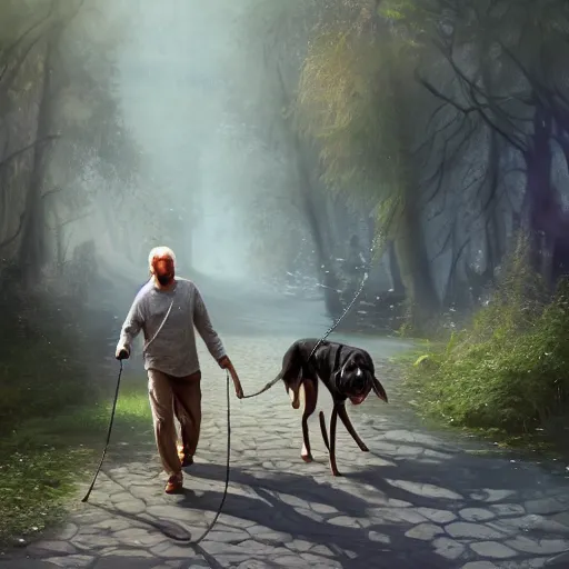 Prompt: a guy walking his dog, fantasy, hd, volumetric lighting, 4 k, intricate detail, by jesper ejsing, irakli nadar