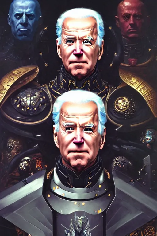 Image similar to portrait of joe biden goth cyborg with white hair in warhammer armor, art by kuvshinov ilya and wayne barlowe and gustav klimt and artgerm and wlop and william - adolphe bouguereau