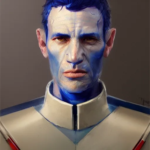 Image similar to portrait of a blue skin man by greg rutkowski, short black hair in military style, tall, star wars expanded, universe, he is about 5 0 years old, wearing white colored imperial admiral uniform, artstation hq