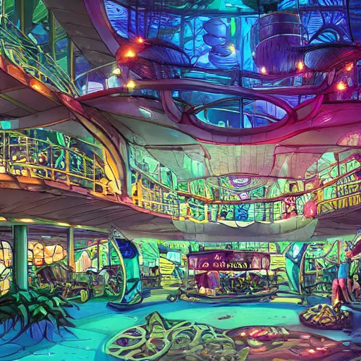 Image similar to undersea shopping center built from various sea shells, sea weed, light diffraction, steampunk, cyberpunk, warm lights, anime, vhs distortion