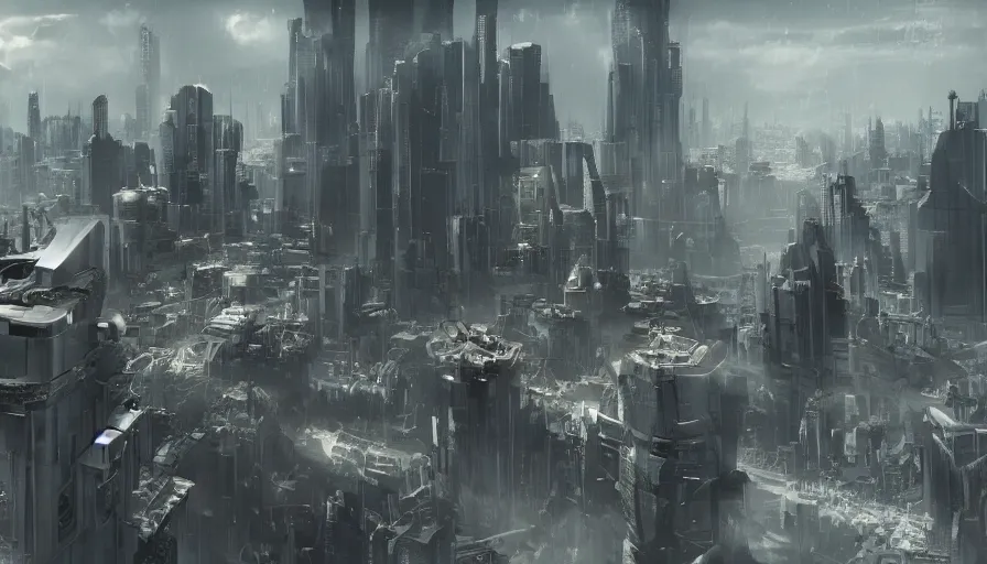 Image similar to an epic war between two sides above an imperialistic futuristic city, utopia, gloomy, symmetrical, firm, blank, lifeless, detailed, realistic, 8 k, cyberpunk