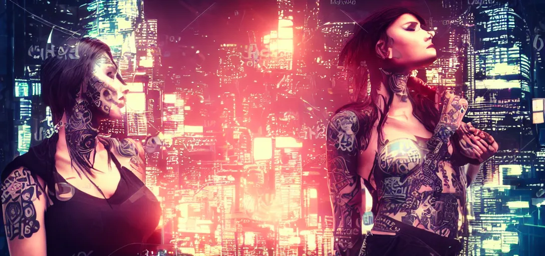 Image similar to a beautiful cyberpunk chick with tattoos photorealism bokeh