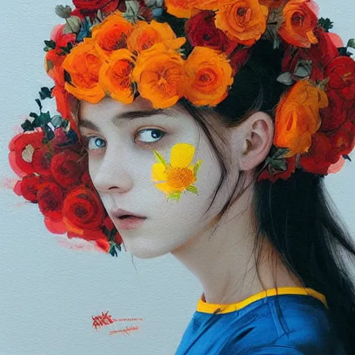 Image similar to Ukrainian girl with a flowers covered into the Ukrainian flag profile picture by Greg Rutkowski, asymmetrical, Organic Painting , Matte Painting, geometric shapes, hard edges, street art, trending on the artstation, graffiti, realistic:2 by Sachin Teng:4, blur: -4