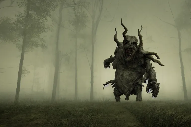 Image similar to a tall humongous angry monster made of bones, standing faraway in the far distance, realism, photo realistic, high quality, misty, hazy, ambient lighting, cinematic lighting, studio quality, scary, dreadful