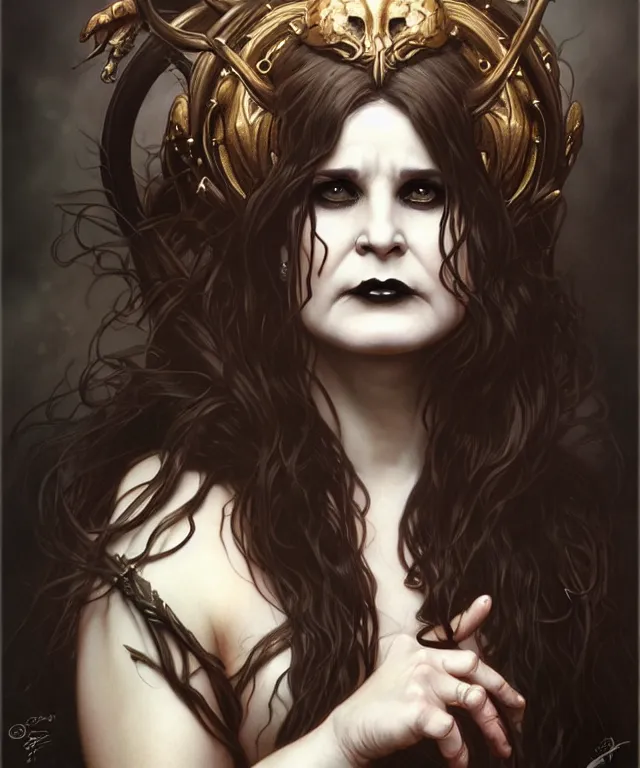 Image similar to ozzy osborne as a gothic female fantasy satyr, portrait, fantasy, intricate, elegant, highly detailed, digital painting, artstation, concept art, smooth, sharp focus, illustration, art by artgerm and greg rutkowski and alphonse mucha