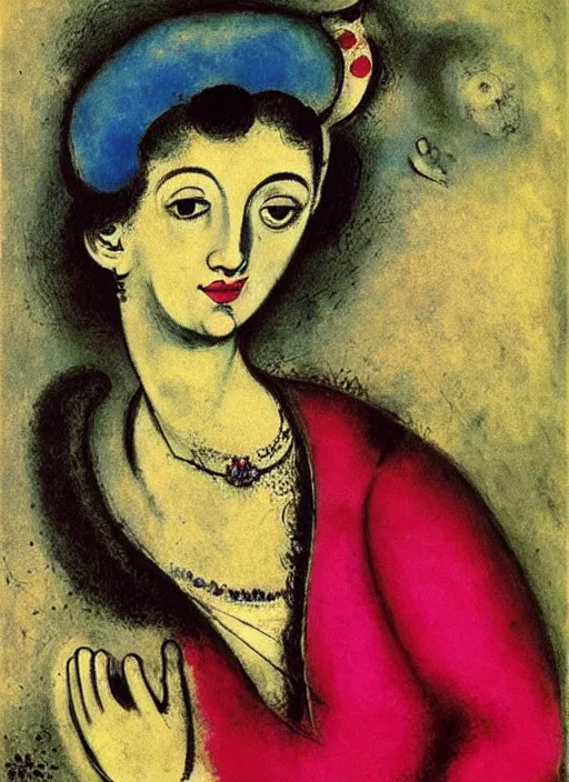 Image similar to portrait of young woman in renaissance dress and renaissance headdress, art by marc chagall