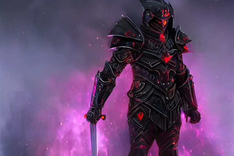 Prompt: masterpiece digital painting of an evil knight, full heavy black obsidian armor, chaotic ruby inlays, cape, by kev walker, atmospheric fog effects background, purple sparkles, artstation, deviantart, full body view, cinematic lights