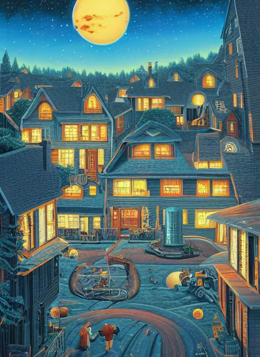 Image similar to a cozy pnw neighborhood. planets in the sky, vintage shapes, retro technology, happy colors. rob gonsalves, oil on canvas, deep depth field, masterpiece, cinematic composition, hyperdetailed