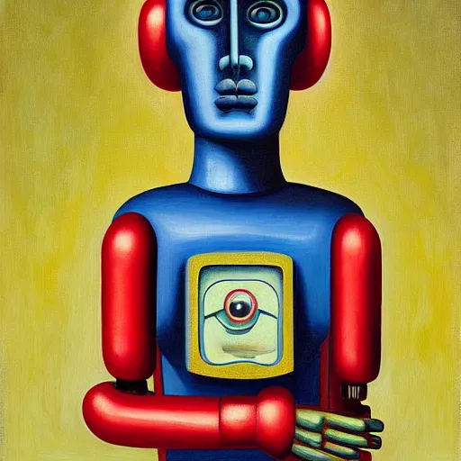 Prompt: super - intelligent robot with kind eyes portrait, lowbrow, pj crook, grant wood, edward hopper, oil on canvas