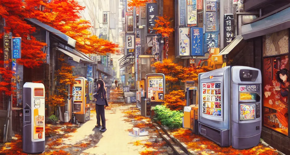 Prompt: beautiful anime painting of tokyo alleyway with vending machine, relaxing autumn day. trending on Artstation, 8k, masterpiece, sharp, fine detail, full of color, visually stunning, peaceful