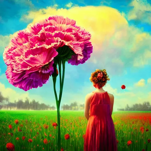 Image similar to giant carnation flower head and face, girl in a flower field, surreal photography, sunrise dramatic light, impressionist painting, colorful clouds, digital painting, artstation, simon stalenhag, flower face