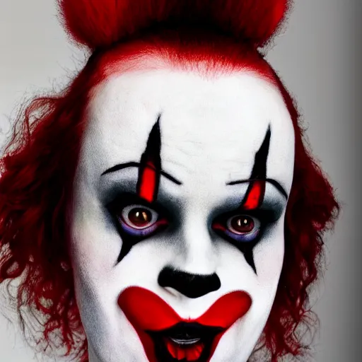 Prompt: A high quality photograph of a goth-clown hybrid with red hair looking sternly, trending on artstation, cute, playboy